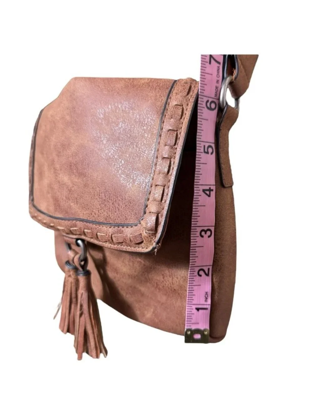 Boho Brown Crossbody Bag Guitar Strap Faux Leather Tassel Textile